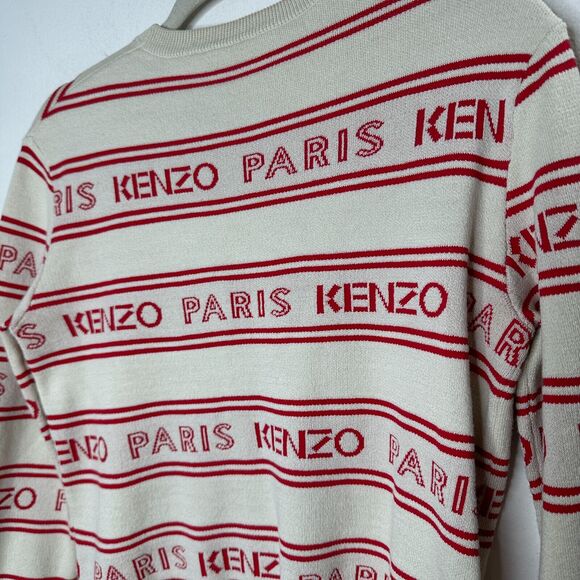 Kenzo Red & Tan Striped Woven Logo Knitted Sweater Long Sleeve Round Neck Small - Picture 8 of 13